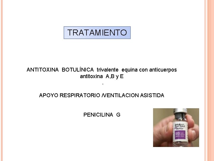 TRATAMIENTO ANTITOXINA BOTULÍNICA trivalente equina con anticuerpos antitoxina A, B y E. APOYO RESPIRATORIO
