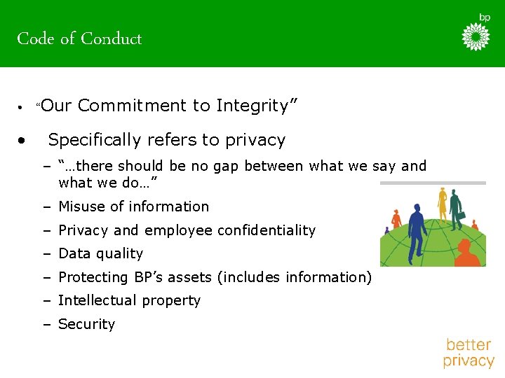Code of Conduct • “Our Commitment to Integrity” • Specifically refers to privacy –