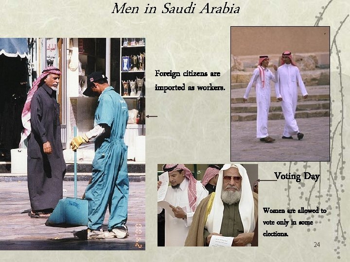 Men in Saudi Arabia Foreign citizens are imported as workers. Voting Day Women are