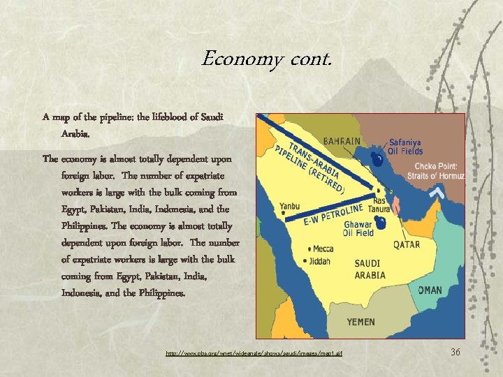 Economy cont. A map of the pipeline: the lifeblood of Saudi Arabia. The economy