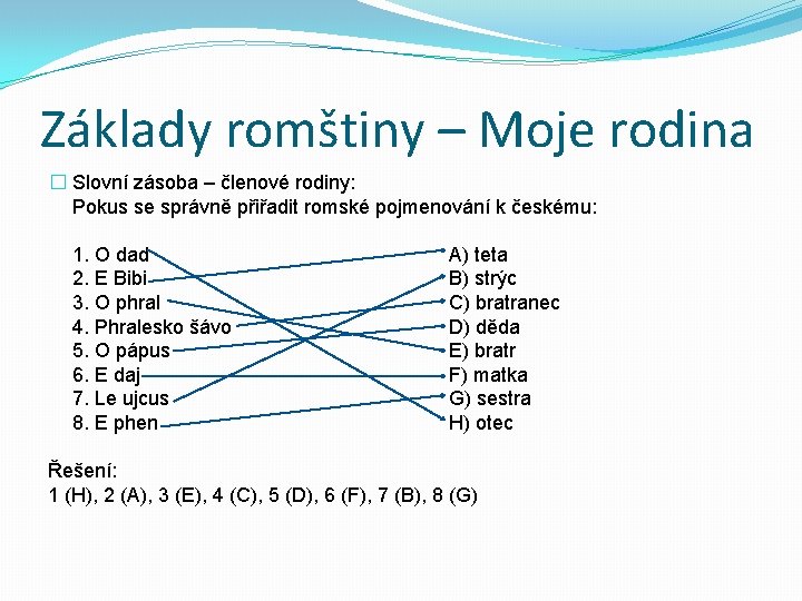 Základy romštiny – Moje rodina � Slovní zásoba – členové rodiny: Pokus se správně