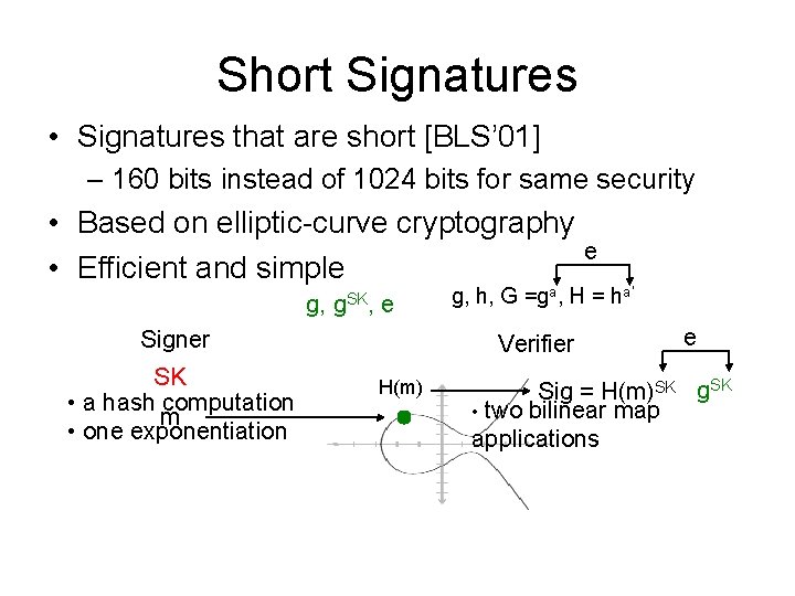 Short Signatures • Signatures that are short [BLS’ 01] – 160 bits instead of