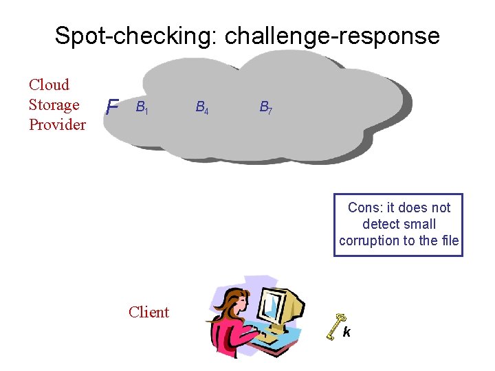 Spot-checking: challenge-response Cloud Storage Provider F B 1 B 4 B 7 Cons: it