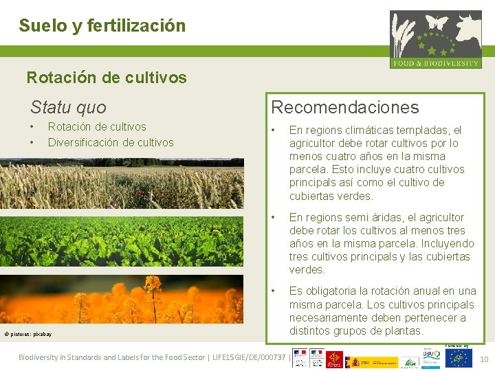 Suelo y fertilización Rotación de cultivos Statu quo Recomendaciones • • • En regions