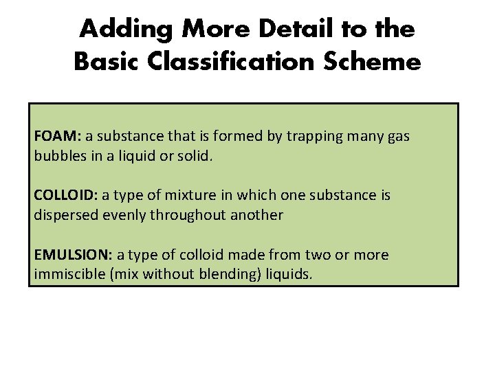 Adding More Detail to the Basic Classification Scheme FOAM: a substance that is formed