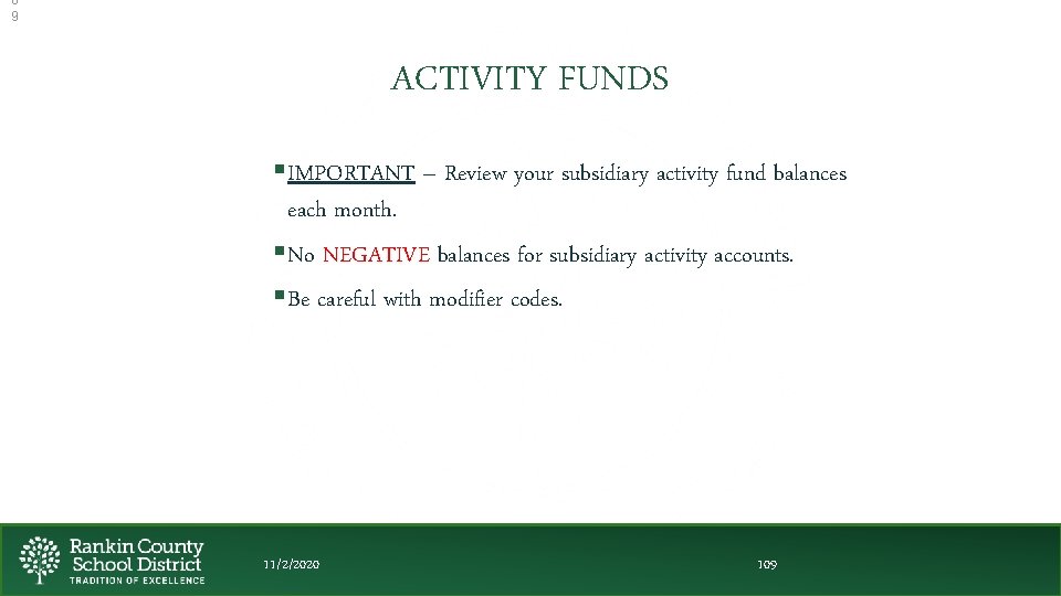 0 9 ACTIVITY FUNDS §IMPORTANT – Review your subsidiary activity fund balances each month.