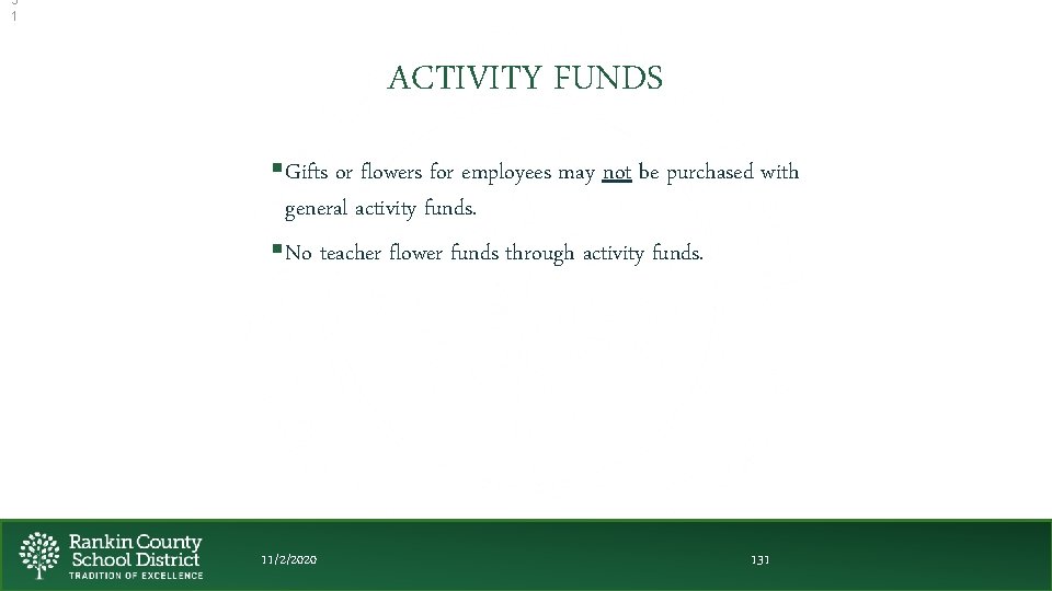 3 1 ACTIVITY FUNDS §Gifts or flowers for employees may not be purchased with