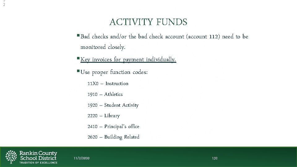 3 2 ACTIVITY FUNDS §Bad checks and/or the bad check account (account 112) need