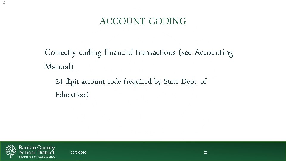 2 ACCOUNT CODING Correctly coding financial transactions (see Accounting Manual) 24 digit account code
