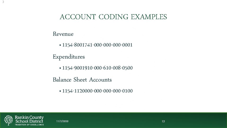 3 ACCOUNT CODING EXAMPLES Revenue • 1154 -8001741 -000 -0001 Expenditures • 1154 -9001910