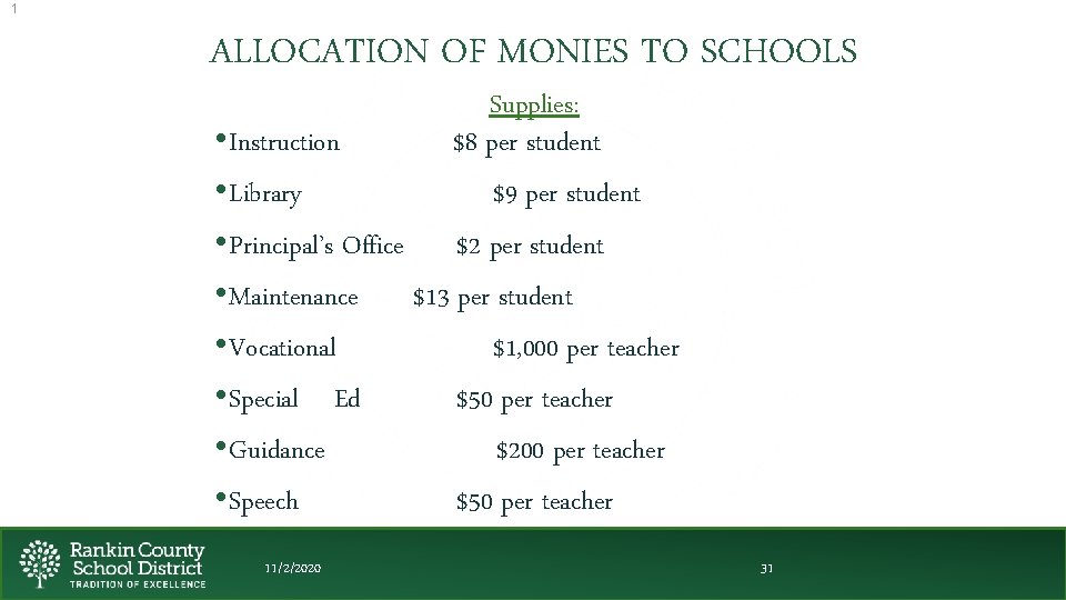 1 ALLOCATION OF MONIES TO SCHOOLS Supplies: • Instruction $8 per student • Library