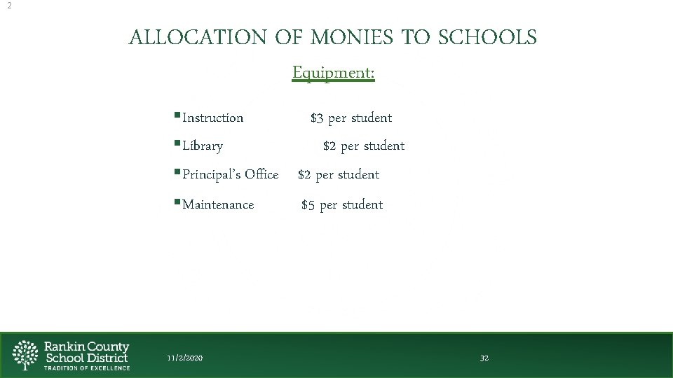 2 ALLOCATION OF MONIES TO SCHOOLS Equipment: §Instruction $3 per student §Library $2 per