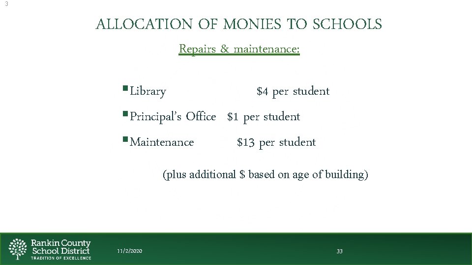 3 ALLOCATION OF MONIES TO SCHOOLS Repairs & maintenance: §Library $4 per student §Principal’s