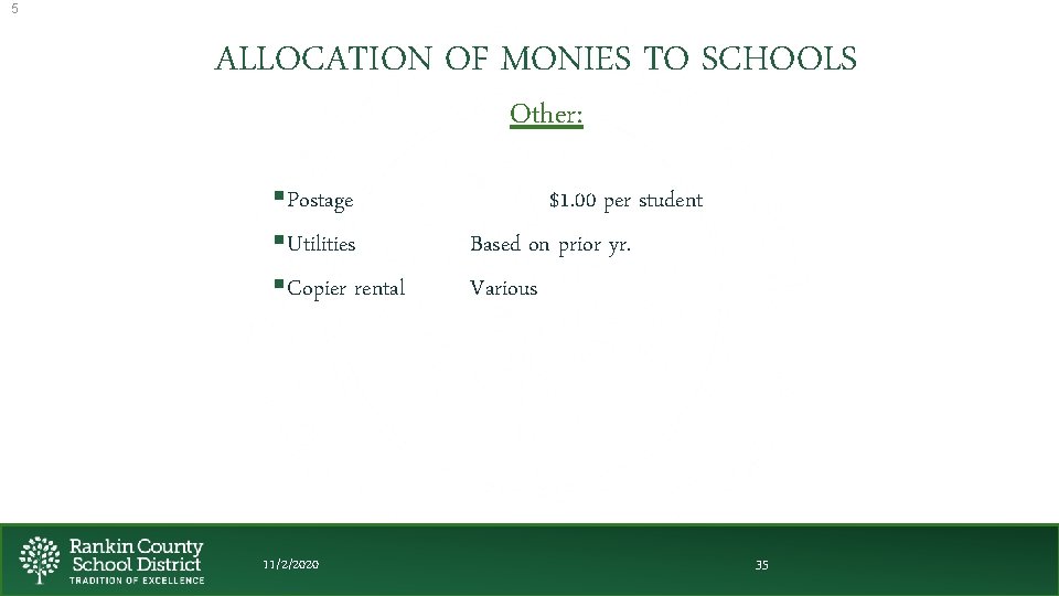 5 ALLOCATION OF MONIES TO SCHOOLS Other: §Postage §Utilities §Copier rental 11/2/2020 $1. 00