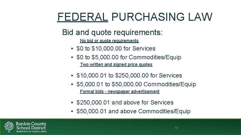 FEDERAL PURCHASING LAW Bid and quote requirements: No bid or quote requirements • $0