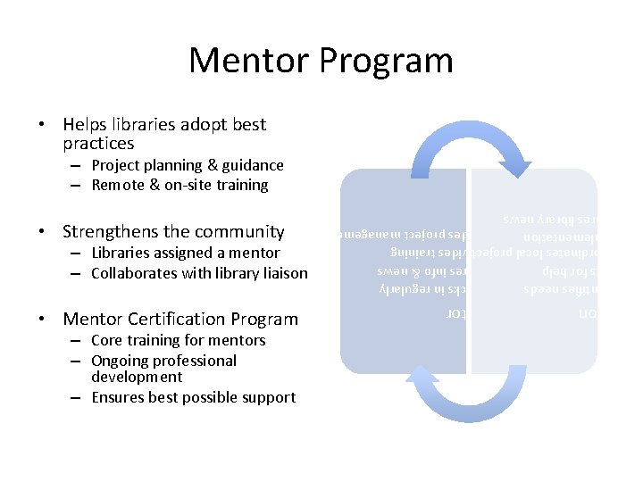 Mentor Program • Helps libraries adopt best practices – Project planning & guidance –
