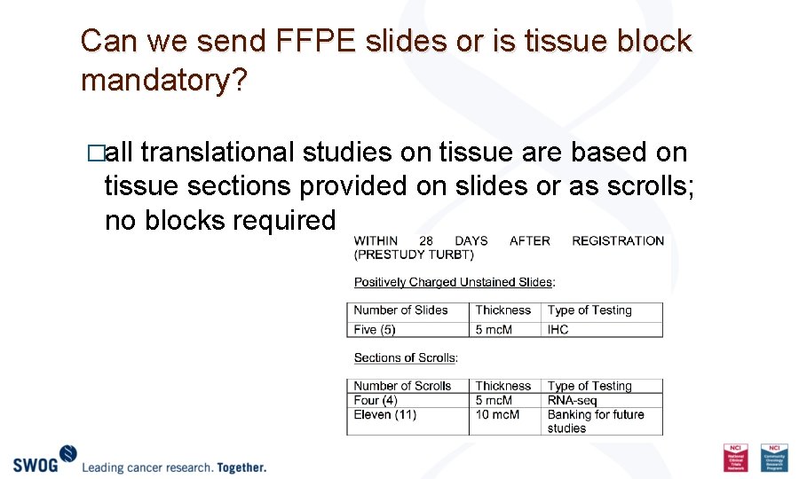 Can we send FFPE slides or is tissue block mandatory? �all translational studies on
