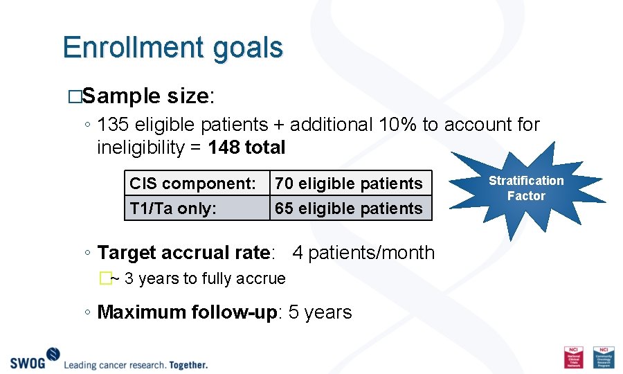 Enrollment goals �Sample size: ◦ 135 eligible patients + additional 10% to account for