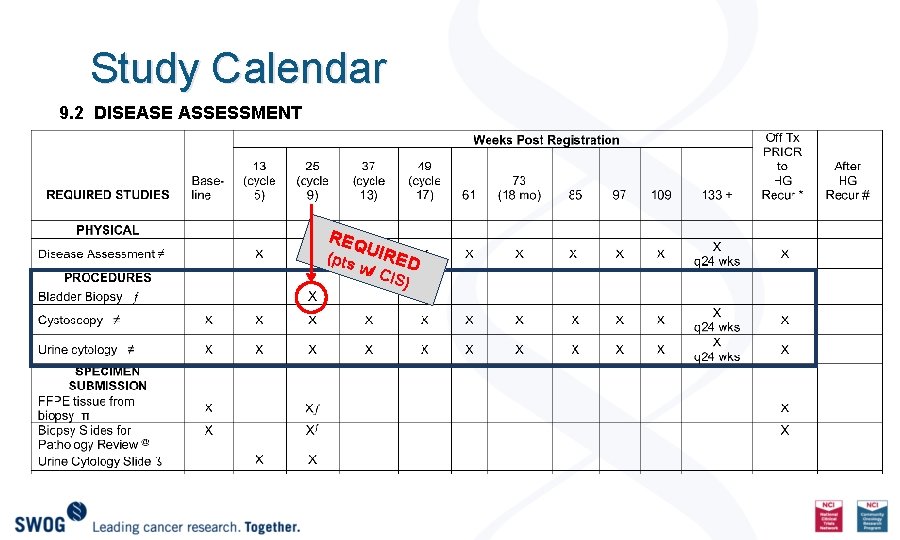 Study Calendar 9. 2 DISEASE ASSESSMENT REQ (pts UIRED w/ C IS) 
