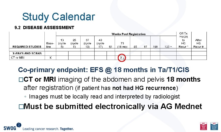 Study Calendar 9. 2 DISEASE ASSESSMENT Co-primary endpoint: EFS @ 18 months in Ta/T