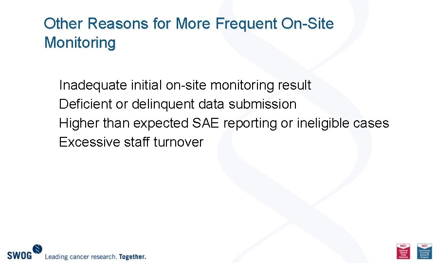 Other Reasons for More Frequent On-Site Monitoring Inadequate initial on-site monitoring result Deficient or