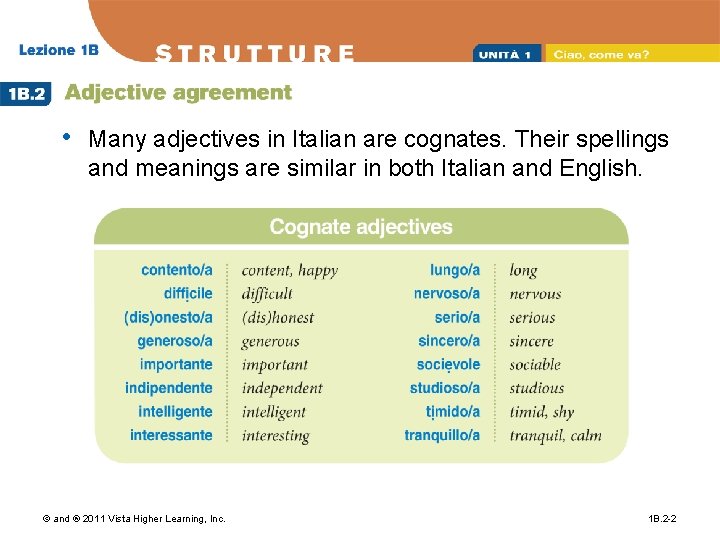 • Many adjectives in Italian are cognates. Their spellings and meanings are similar