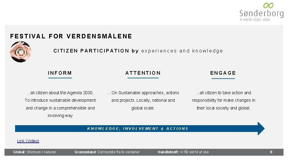 FESTIVAL FOR VERDENSMÅLENE CITIZEN PARTICIPATION by experiences and knowledge INFORM ATTENTION ENGAGE . .