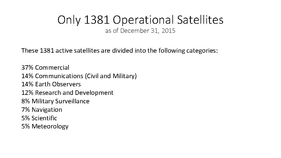 Only 1381 Operational Satellites as of December 31, 2015 These 1381 active satellites are