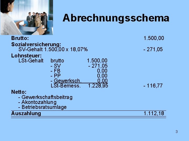 Abrechnungsschema Brutto: Sozialversicherung: SV-Gehalt 1. 500, 00 x 18, 07% Lohnsteuer: LSt-Gehalt brutto 1.