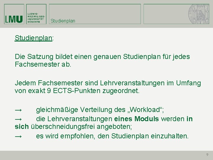 Studienplan: Die Satzung bildet einen genauen Studienplan für jedes Fachsemester ab. Jedem Fachsemester sind