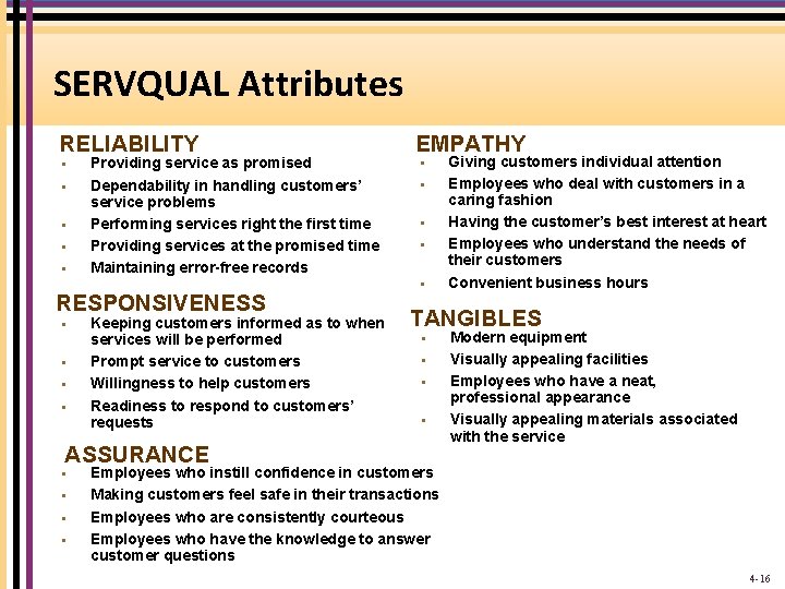 SERVQUAL Attributes RELIABILITY § § § Providing service as promised Dependability in handling customers’