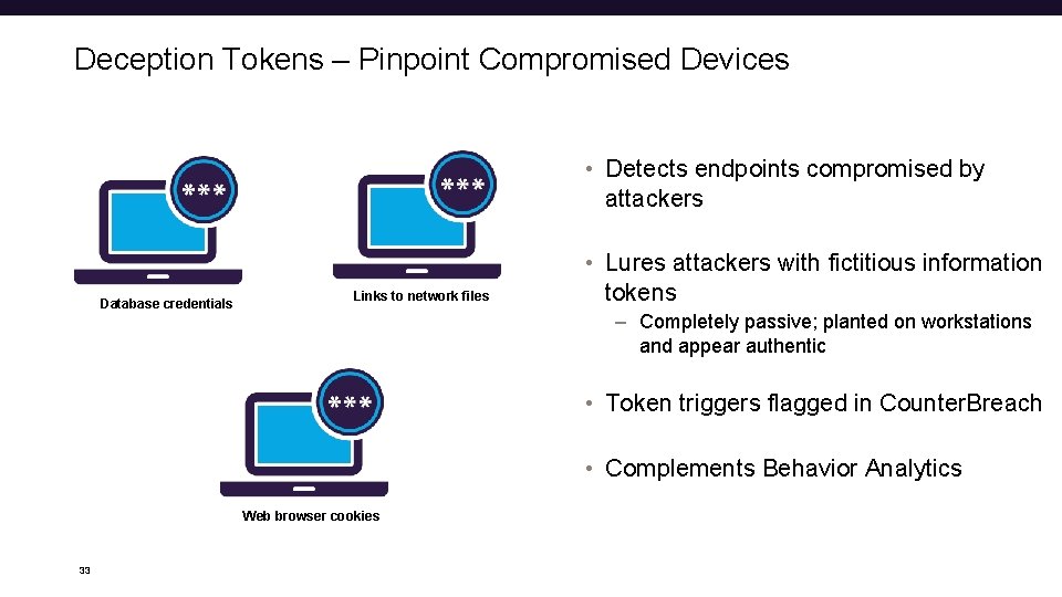 Deception Tokens – Pinpoint Compromised Devices • Detects endpoints compromised by attackers Database credentials
