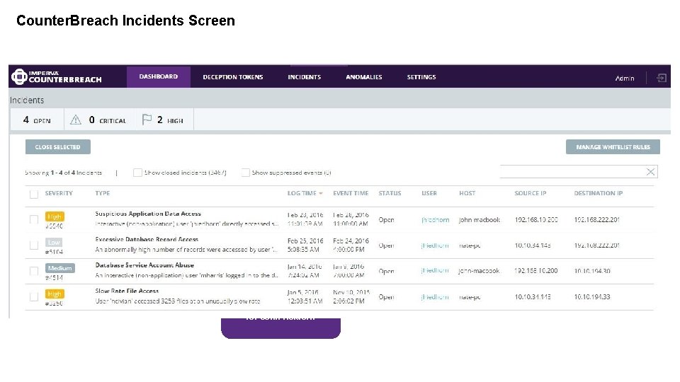 Counter. Breach Incidents Screen ` View all open incidents for John Heidorn 