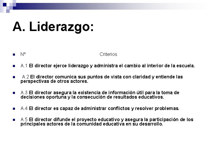 A. Liderazgo: n Nº Criterios n A. 1 El director ejerce liderazgo y administra