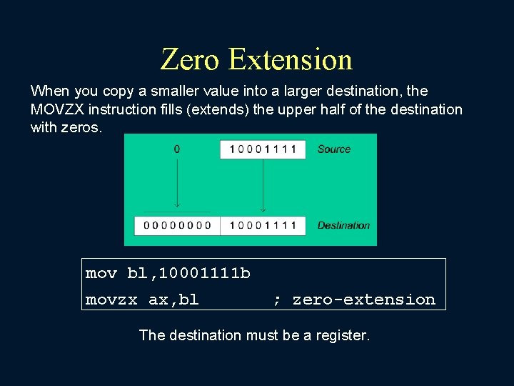 Zero Extension When you copy a smaller value into a larger destination, the MOVZX