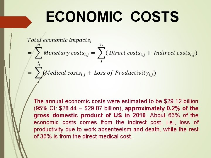 ECONOMIC COSTS The annual economic costs were estimated to be $29. 12 billion (95%