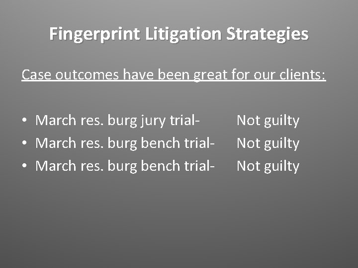 Fingerprint Litigation Strategies Case outcomes have been great for our clients: • March res.