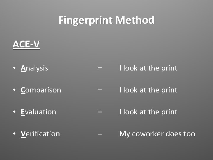 Fingerprint Method ACE-V • Analysis = I look at the print • Comparison =