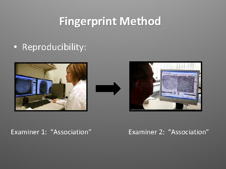 Fingerprint Method • Reproducibility: Examiner 1: “Association” Examiner 2: “Association” 