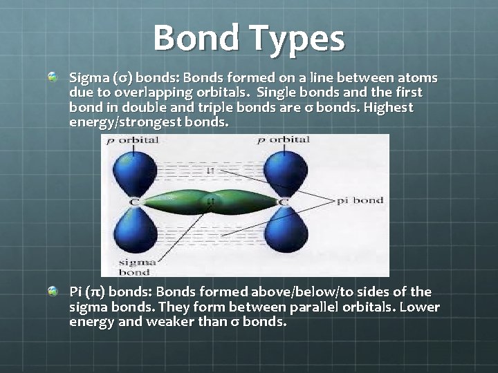 Bond Types Sigma (σ) bonds: Bonds formed on a line between atoms due to