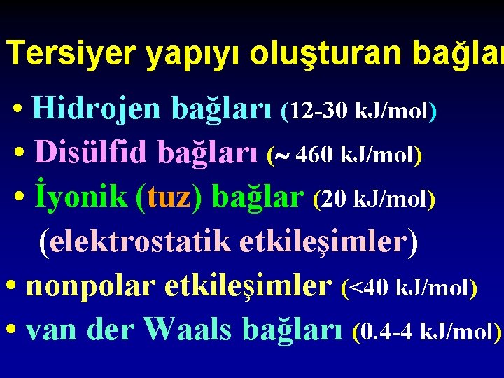 Tersiyer yapıyı oluşturan bağlar • Hidrojen bağları (12 -30 k. J/mol) • Disülfid bağları