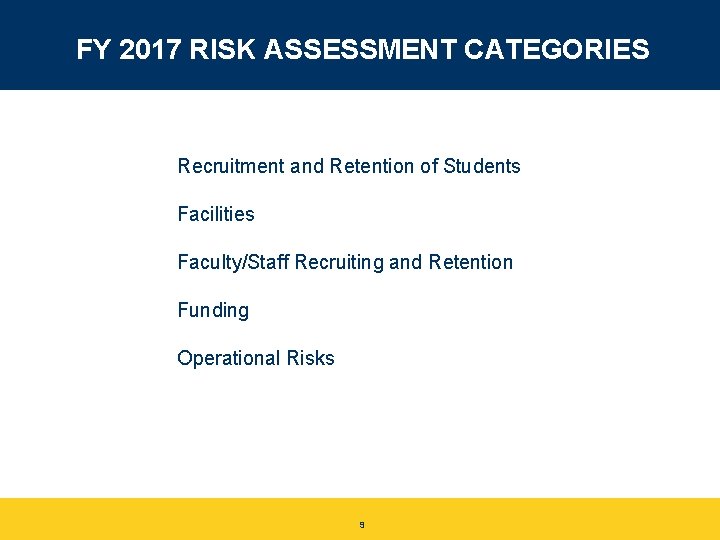 FY 2017 RISK ASSESSMENT CATEGORIES Recruitment and Retention of Students Facilities Faculty/Staff Recruiting and