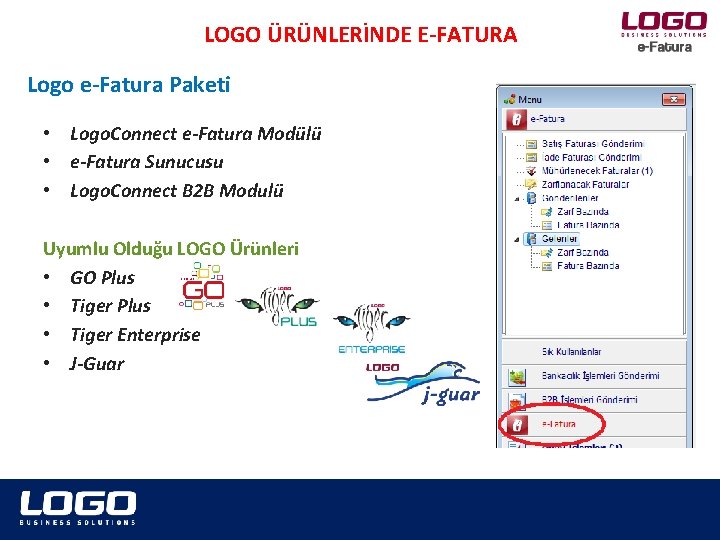 LOGO ÜRÜNLERİNDE E-FATURA Logo e-Fatura Paketi • Logo. Connect e-Fatura Modülü • e-Fatura Sunucusu