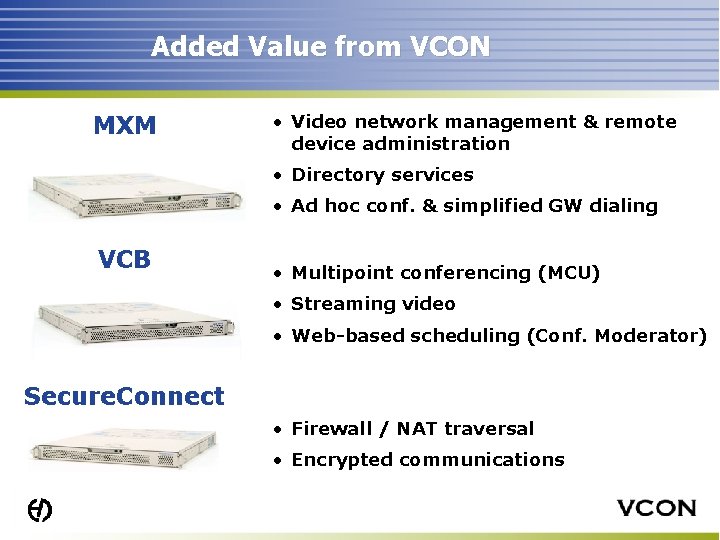 Added Value from VCON MXM • Video network management & remote device administration •