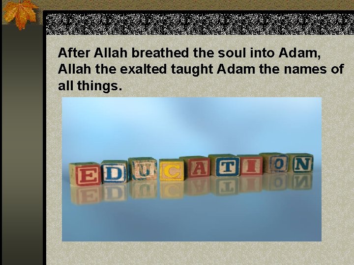 After Allah breathed the soul into Adam, Allah the exalted taught Adam the names
