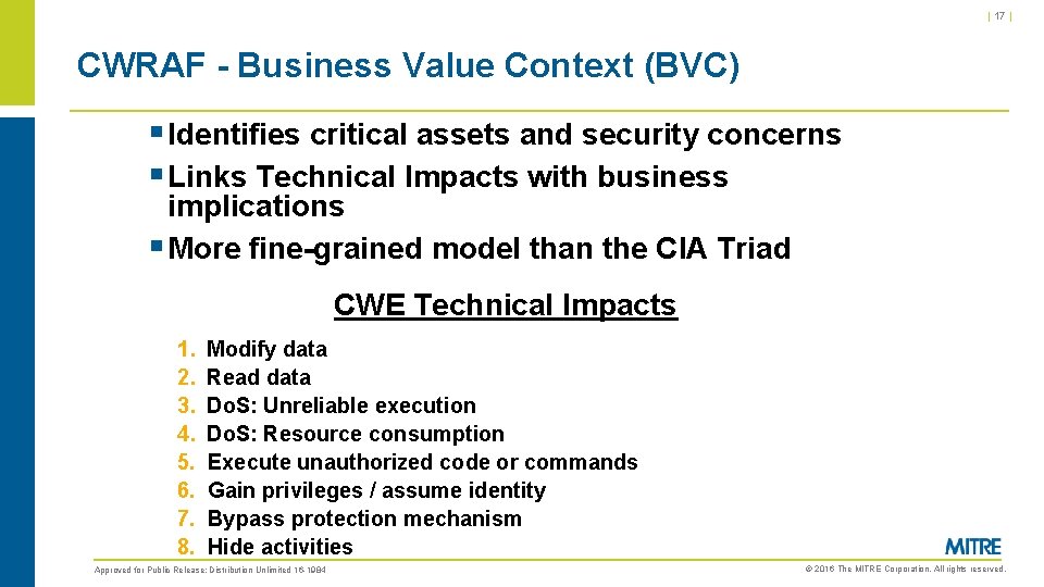 | 17 | CWRAF - Business Value Context (BVC) § Identifies critical assets and