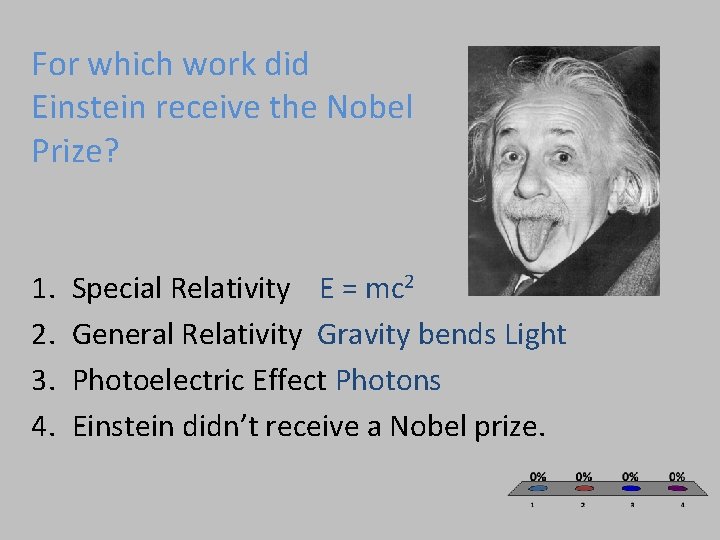For which work did Einstein receive the Nobel Prize? 1. 2. 3. 4. Special
