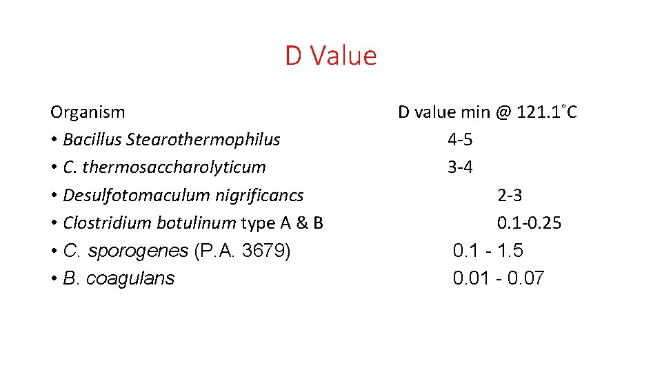 D Value Organism • Bacillus Stearothermophilus • C. thermosaccharolyticum • Desulfotomaculum nigrificancs • Clostridium