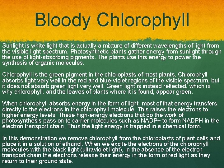 Bloody Chlorophyll Sunlight is white light that is actually a mixture of different wavelengths