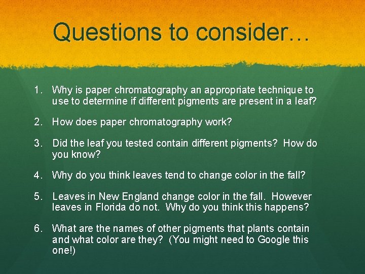 Questions to consider… 1. Why is paper chromatography an appropriate technique to use to